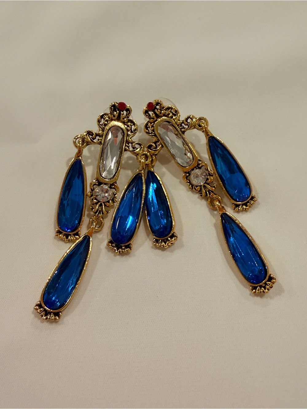 Gold-Tone Earrings with Deep Blue and Clear Stones - Picture 3 of 7